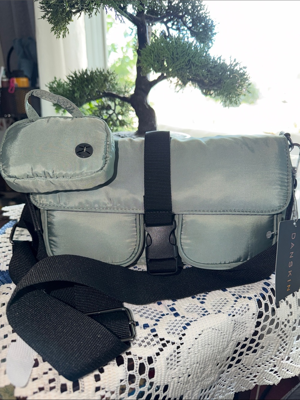 Danskin Men's Sage Green Nylon Messenger Crossbody with Black Strap